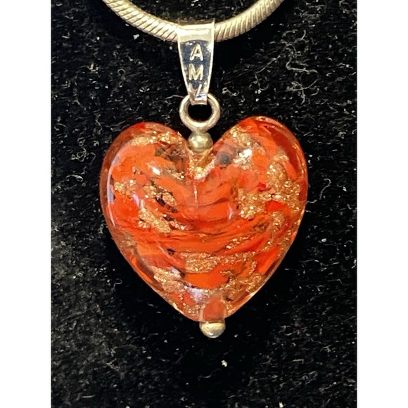 Sterling Silver 18" Snake Chain Red Gold Murano Glass Millefiori Heart Pendant - Picture 2 of 4